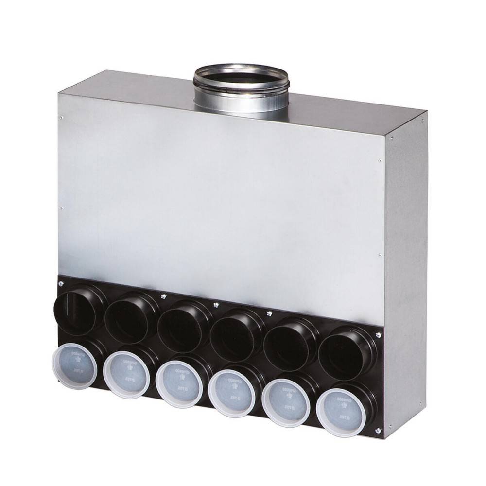 Ein Metallbelüftungsverteiler mit mehreren runden Abluftöffnungen und einem größeren Einlass oben, der zur Luftverteilung in HVAC-Systemen verwendet wird.