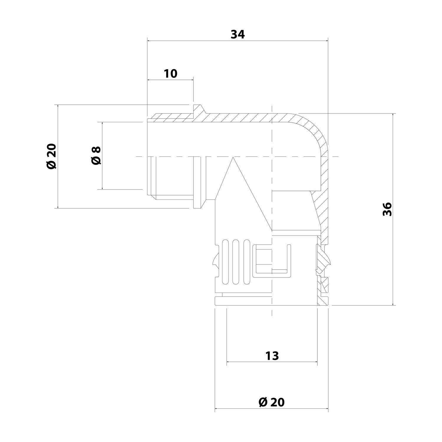 Technische Zeichnung eines Rohrkrümmers mit Abmessungen: Gesamtlänge 34, Breite 36, Durchmesser 20. Kennzeichen 13, kleiner Abschnitt 10.
