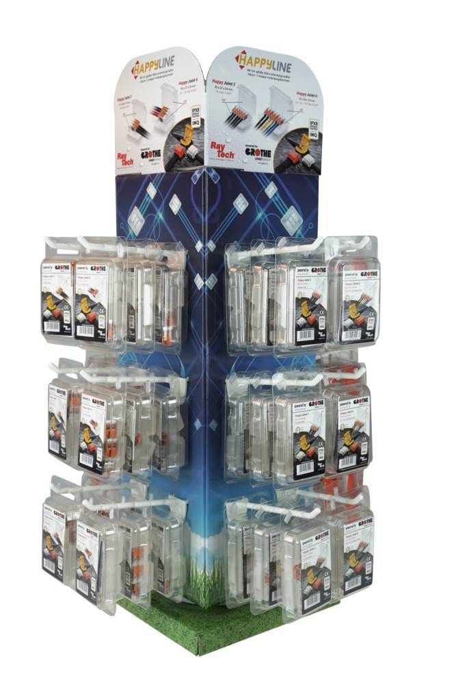 Ein Präsentationsständer mit mehreren Reihen von Verpackungen mit Schraubenzieherspitzen, beschriftet mit 'Grothe Ray Tech'. Die Verpackungen zeigen Bilder von Schraubenziehern.