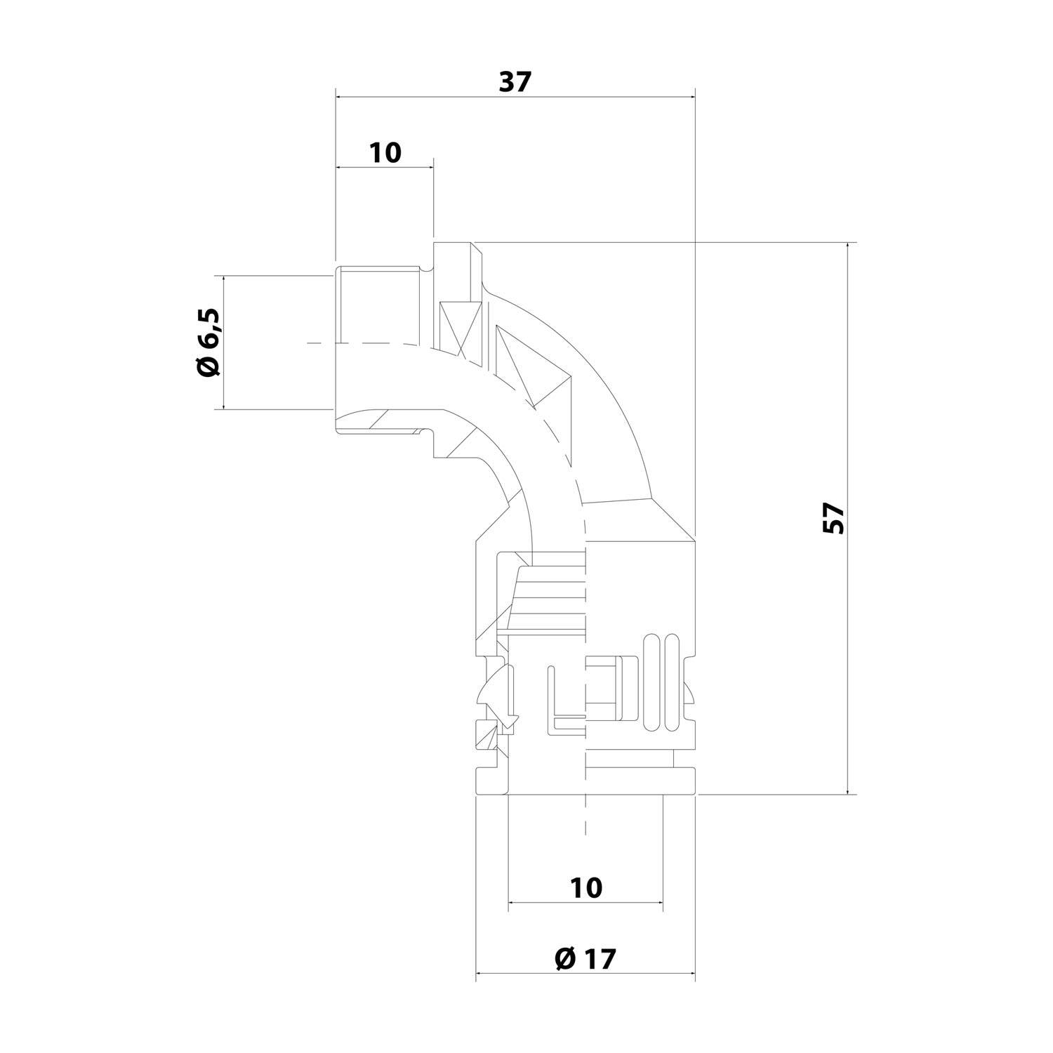 Technische Zeichnung einer Rohrbogenverschraubung mit Abmessungen: 37mm Breite, 57mm Höhe, Innendurchmesser Ø17mm, Außendurchmesser Ø6,5mm.