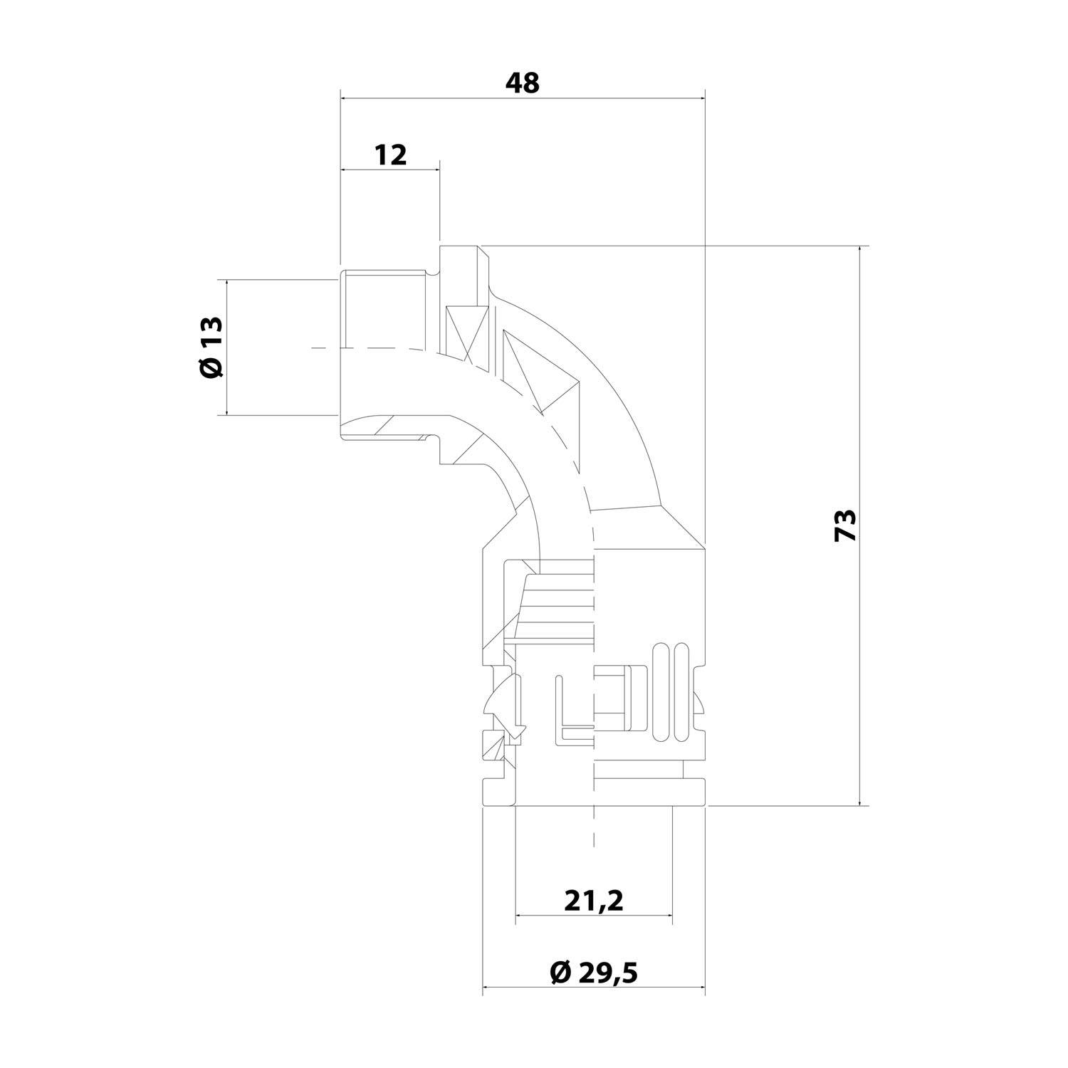 Technische Zeichnung eines Rohrkrümmers mit Abmessungen: 48mm Länge, 73mm Höhe, 12mm, 13mm, 21,2mm und 29,5mm Durchmesser.