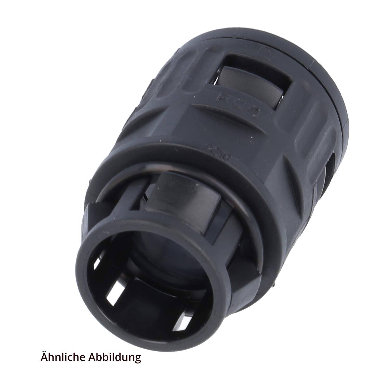 Ein zylindrischer, schwarzer Kunststoffstecker oder Verbindungsstück, gezeigt aus einer angewinkelten Draufsicht, auf weißem Hintergrund.