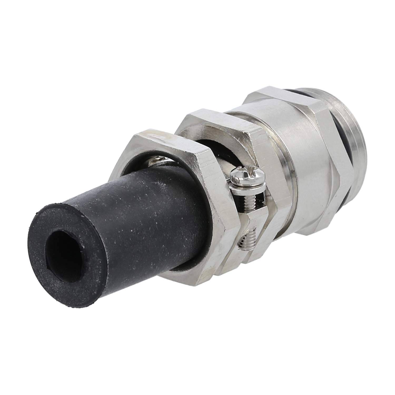 Ein Metall- und Gummikabeleinführung mit Verschlussmutter und Dichtungsring, verwendet zur Sicherung von Kabeln und zur Gewährleistung der Wasserdichtheit in Installationen.