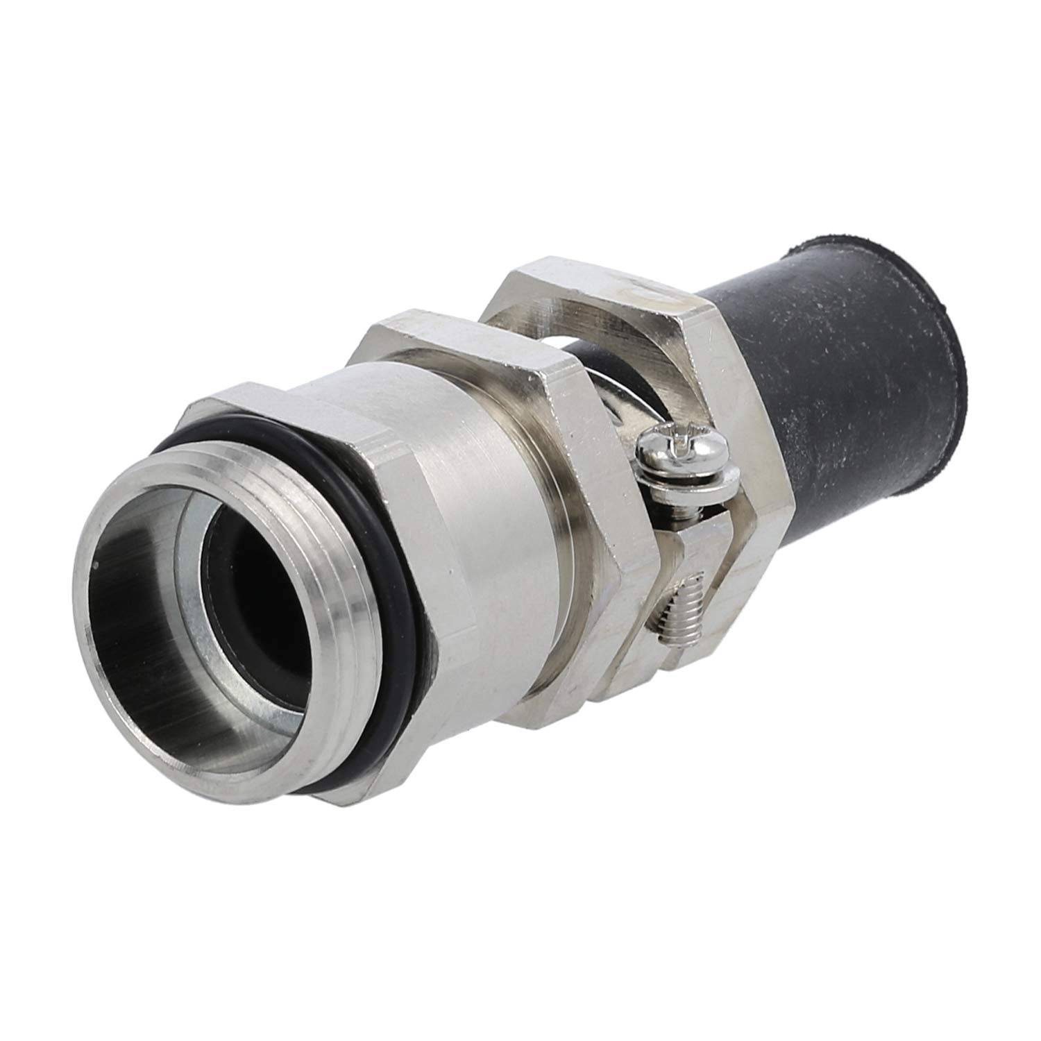 Metallischer Kabelverschraubung mit schwarzer flexibler Schutzhülle, verwendet zum Befestigen von Kabeln in elektrischen oder mechanischen Anwendungen.