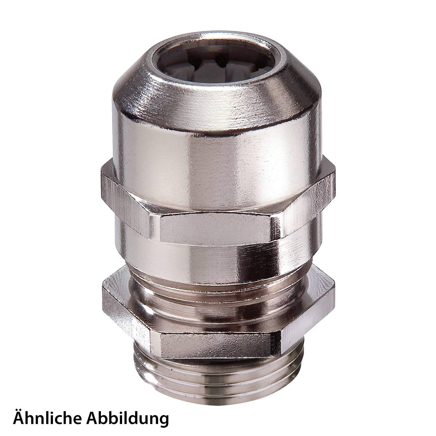 Eine metallische Kabelverschraubung mit sechseckiger Mutter und Gewindeende, die zum Sichern und Abdichten von Kabeln in elektrischen Systemen verwendet wird.