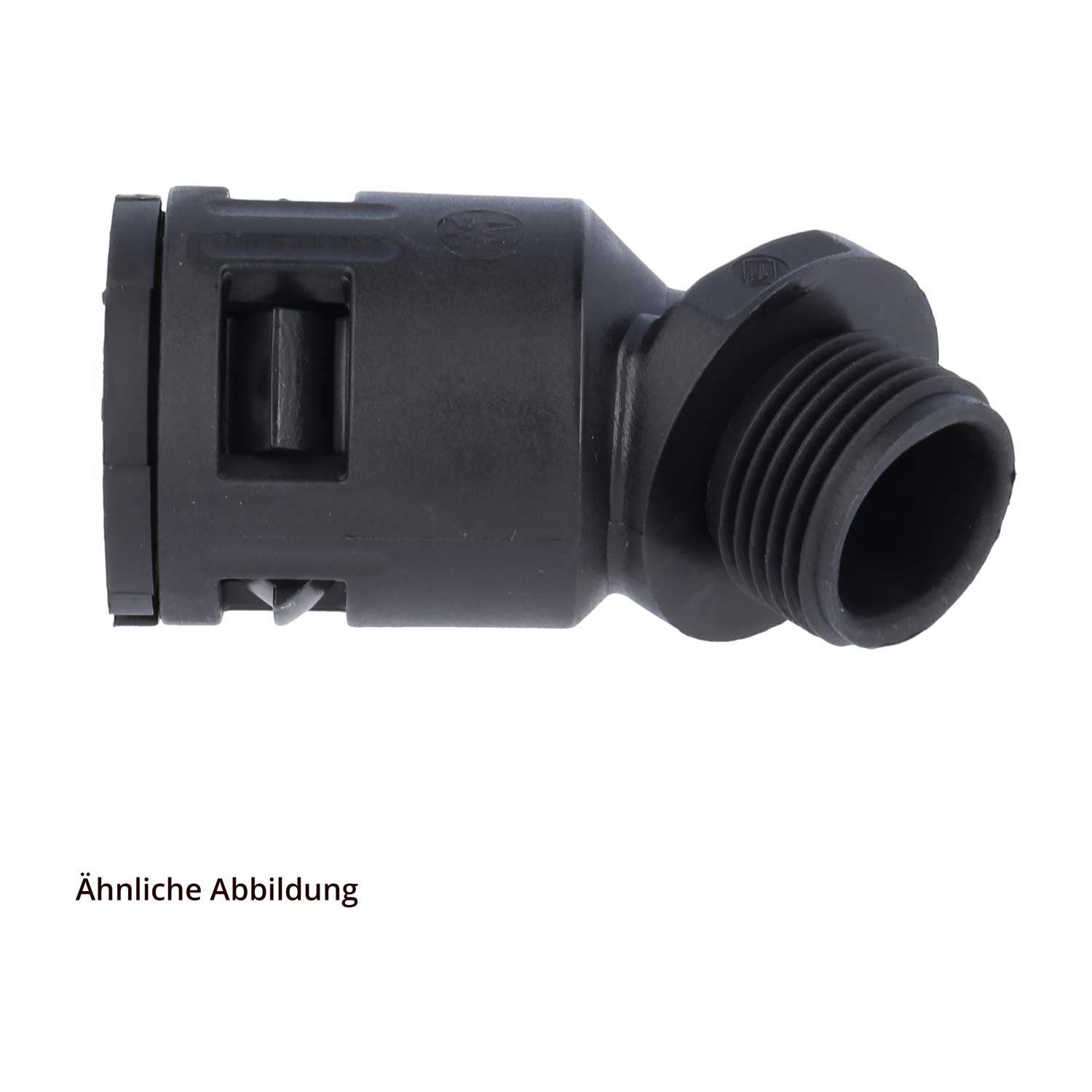 Ähnliche Abbildung' neben einem schwarzen, gewinkelten Kunststoffadapter mit geripptem Schraubgewinde und runder Öffnung.