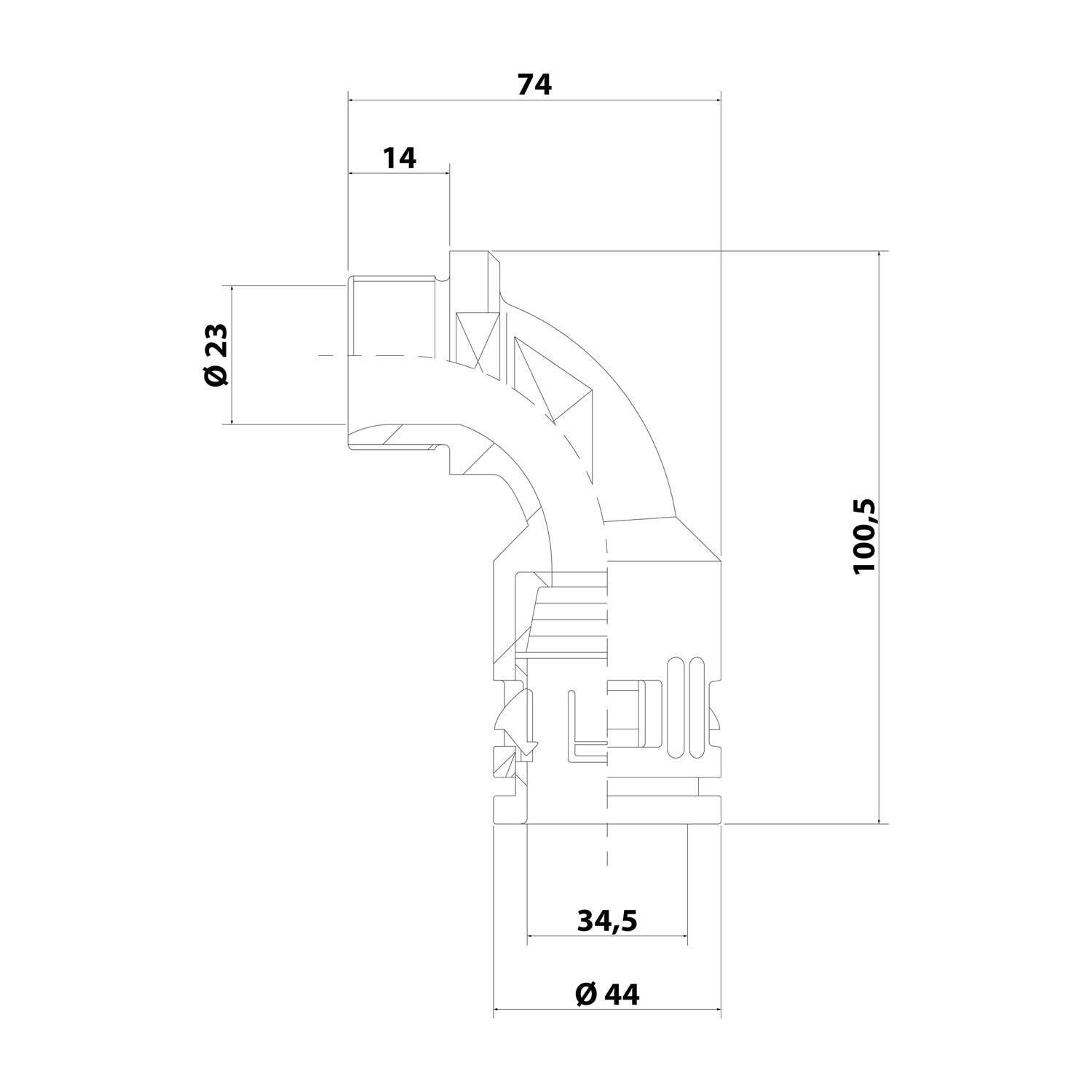 Technische Zeichnung eines gebogenen Rohranschlusses mit Maßen: Höhe 100,5, Breite 74, Durchmesser 44, kleinerer Durchmesser 23, kleinere Breite 14.