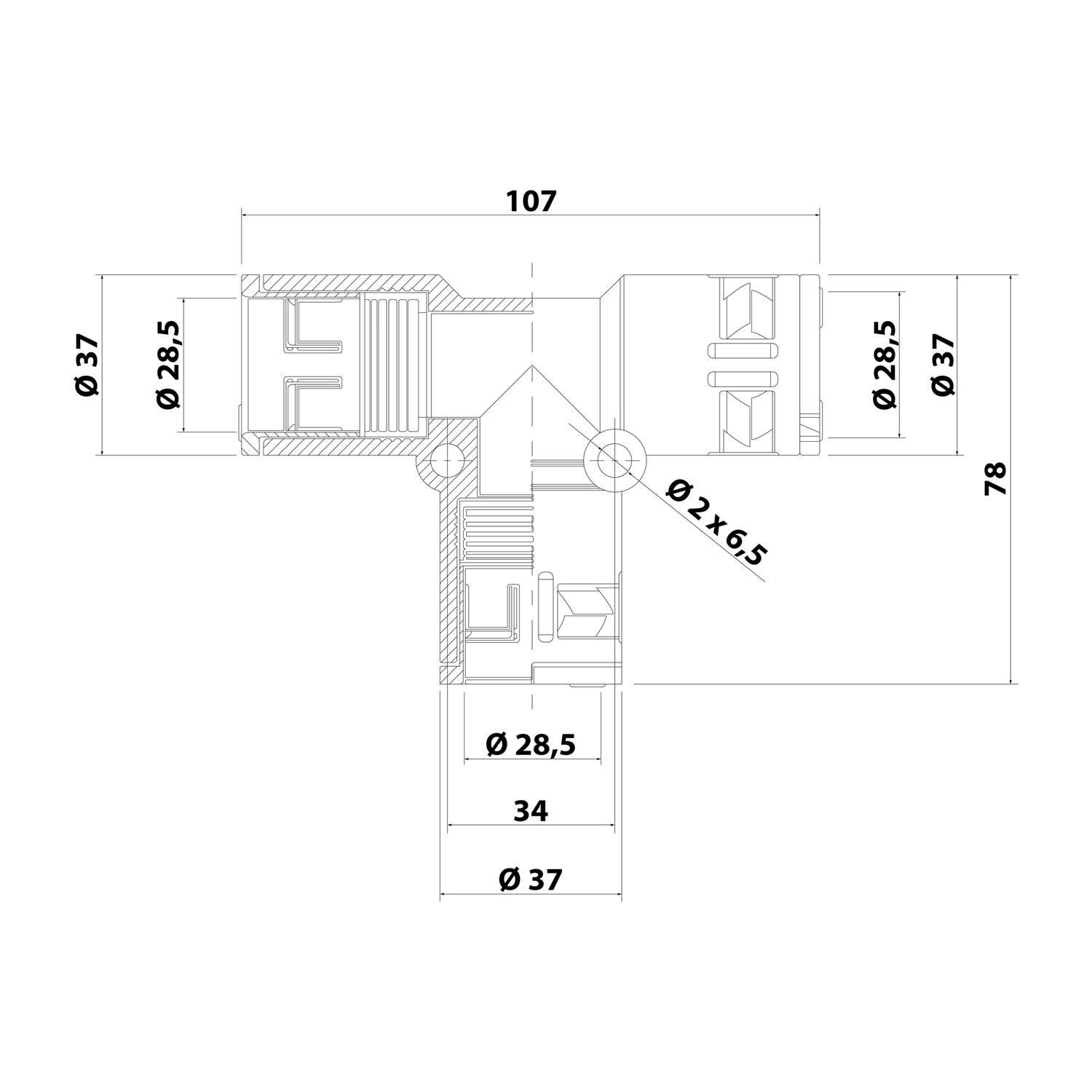 Technisches Diagramm eines T-Verbinders mit Abmessungen: 107mm Länge, 78mm Höhe, Hauptabschnitte: Ø28,5mm, Ø37mm, Bohrung Ø2x6,5mm.