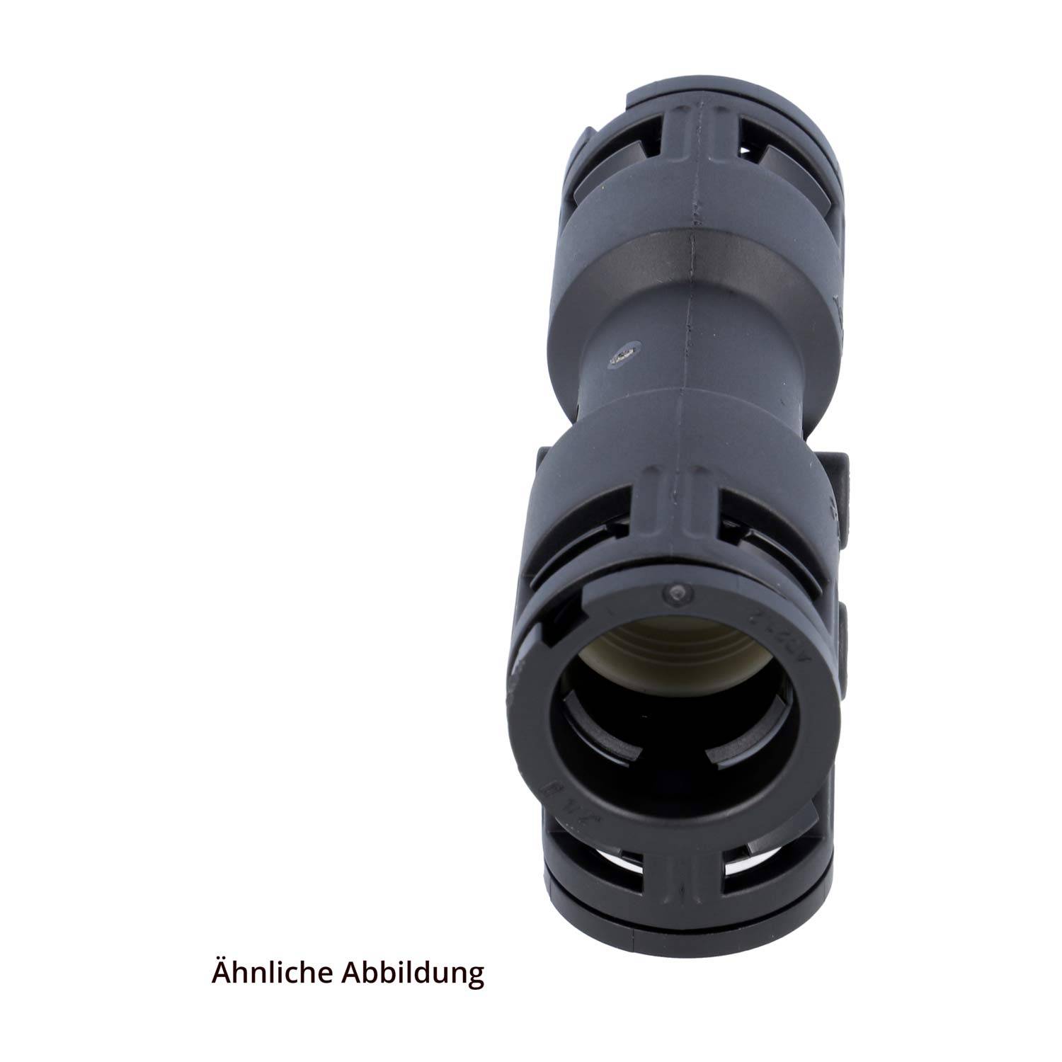 Ein schwarzer Kunststoffstecker mit zylindrischer Form und verriegelbaren Enden, verwendet zum Verbinden von Rohren oder Schläuchen, dargestellt vor weißem Hintergrund.