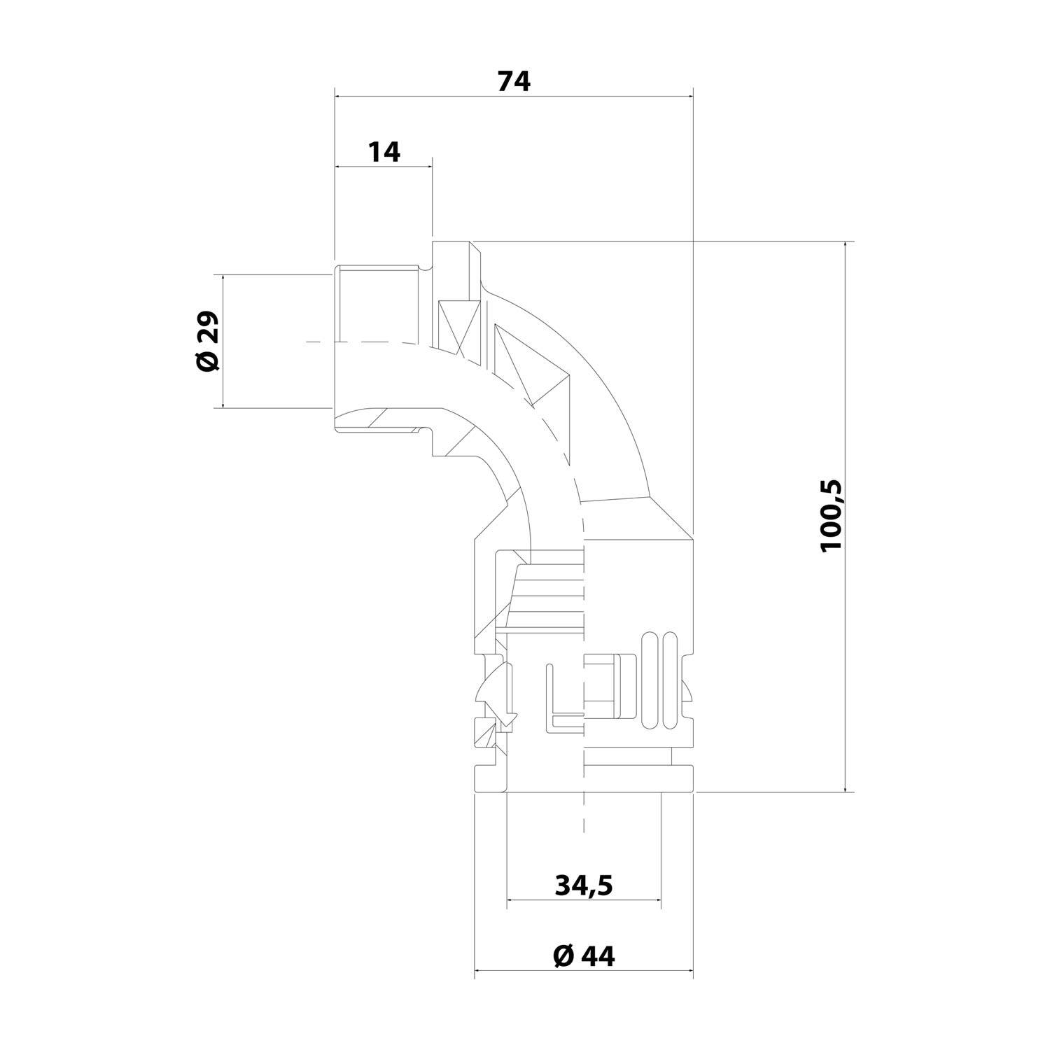 15104034240 FLEXA FVB90 Schnellverschraubung 90 Grad Bogen Gewinde M40x1,5 für Schlauch-Außendurchmesser 34,5mm konisch