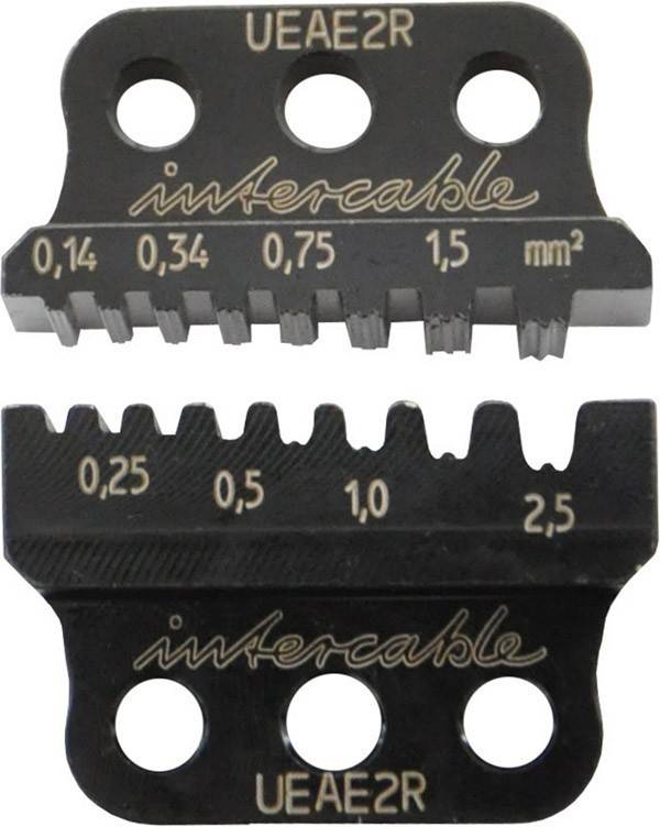 Crimpwerkzeug-Matrize mit Größenindikatoren: '0,14, 0,34, 0,75, 1,5 mm²' oben und '0,25, 0,5, 1,0, 2,5' unten, beschriftet mit 'intercable'.