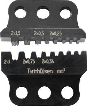 Ein schwarzer Metallverbinder mit mehreren Schlitzen, beschriftet mit verschiedenen numerischen Messungen (z.B. '2x1') und 'Twinhülsen mm².