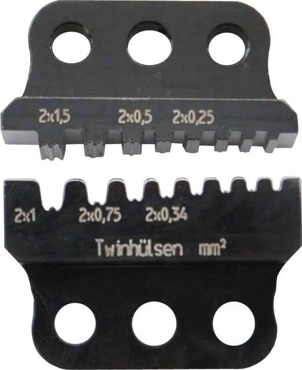 Zwei schwarze Crimpwerkzeug-Einsätze mit beschrifteten Drahtgrößenspezifikationen: '2x1,5', '2x0,5', '2x0,25', '2x1', '2x0,75', '2x0,34' und 'Twinhülsen mm²'.