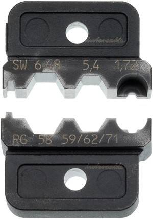 Zwei Close-up-Crimpwerkzeug-Matrizen mit den Beschriftungen 'SW 64B' und 'RG 58/59/62/71', die die geriffelte Oberfläche für Kabelanschlüsse zeigen.