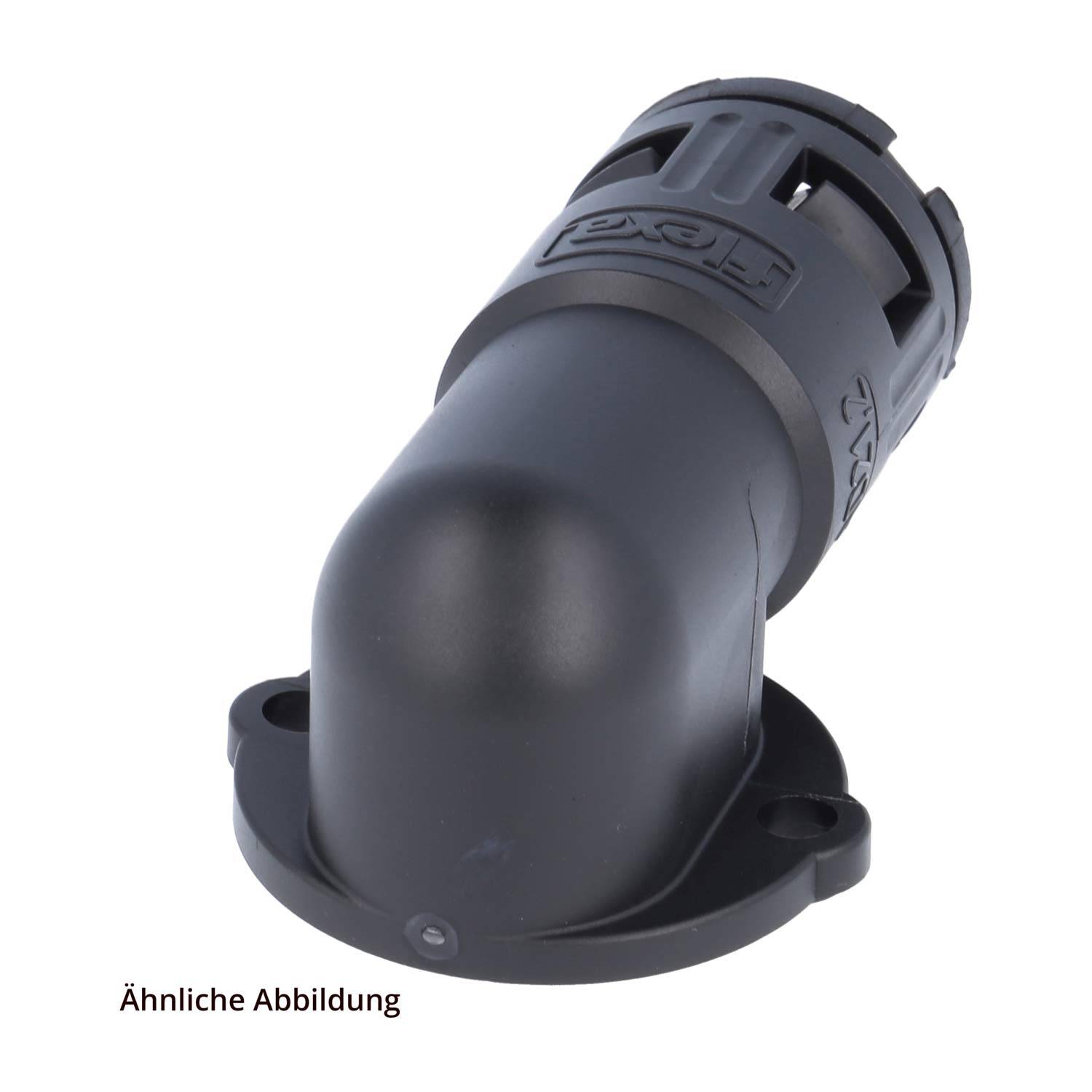 Rexel-Stromstecker mit zylindrischer Schutzkappe und Montagefuß, der eine sichere Befestigungskonstruktion zeigt.