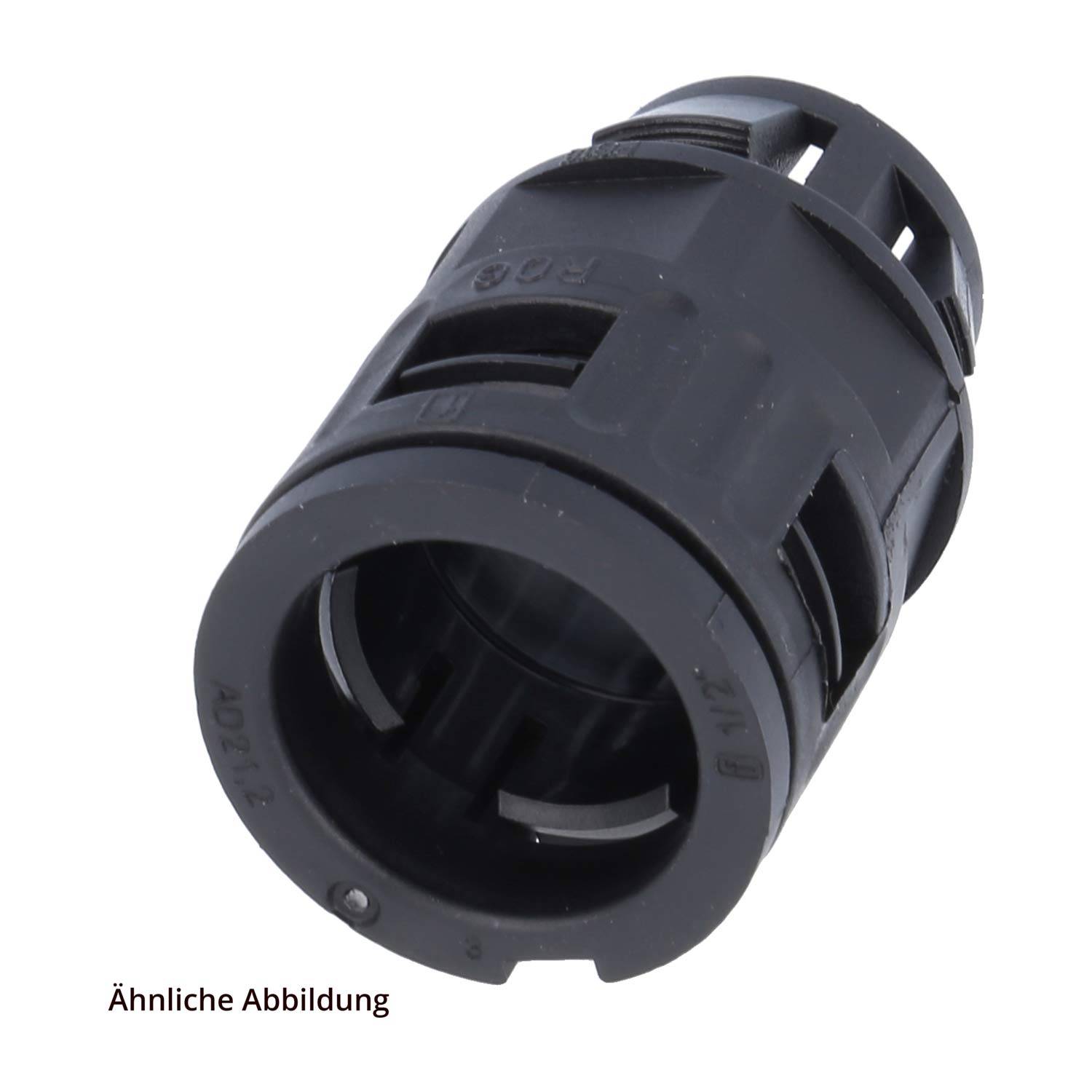 Ein schwarzer zylindrischer Kunststoffstecker mit offenen Schlitzen und geschlossenem Ende, der einer elektronischen oder mechanischen Komponente ähnelt.