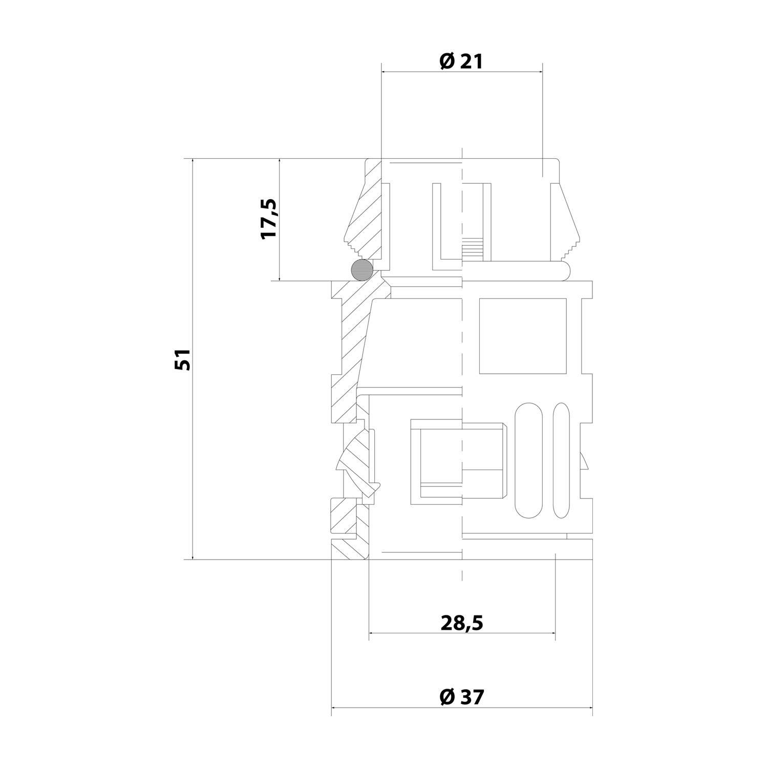 Technisches Diagramm mit Seitenansicht eines mechanischen Teils mit Abmessungen: Höhe 51, Breite 37 an der Basis, Breite 21 an der Oberseite und Innenbereich 17,5.