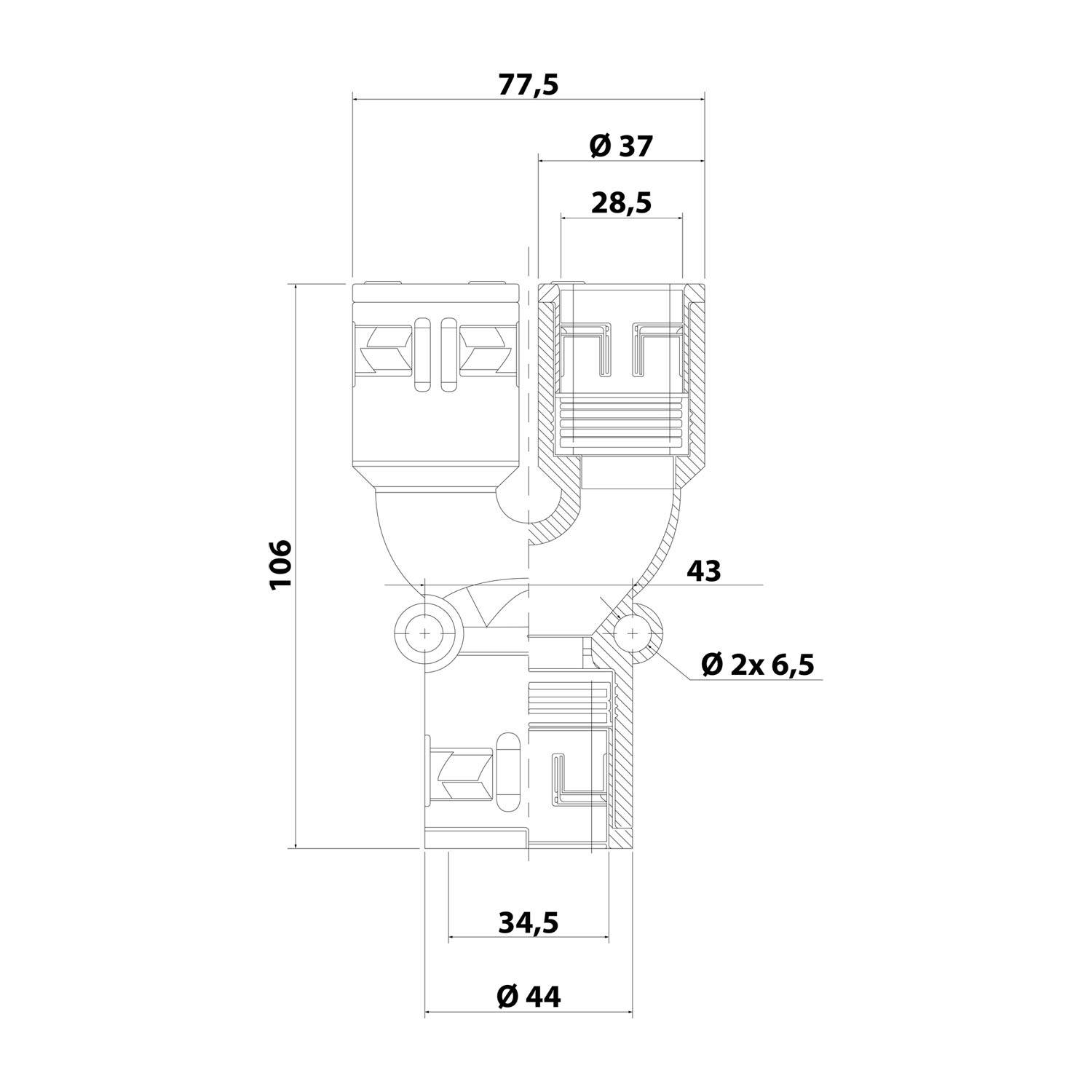Technisches Diagramm eines Rohrleitungs-Y-Filters mit Abmessungen: Höhe 106 mm, Breite 77,5 mm und angegebenen Durchmessern für Verbindungen.