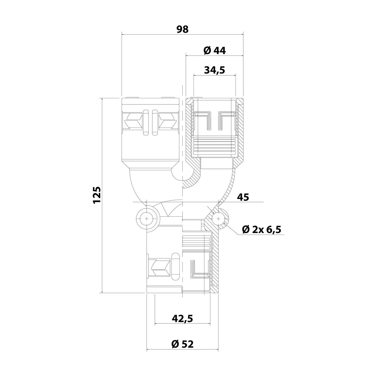 Technische Zeichnung einer Rohrverbindung mit Maßangaben: Länge 98, Höhe 125, Durchmesser Ø52 und Ø44, mit Details zu Größe und Konfiguration.