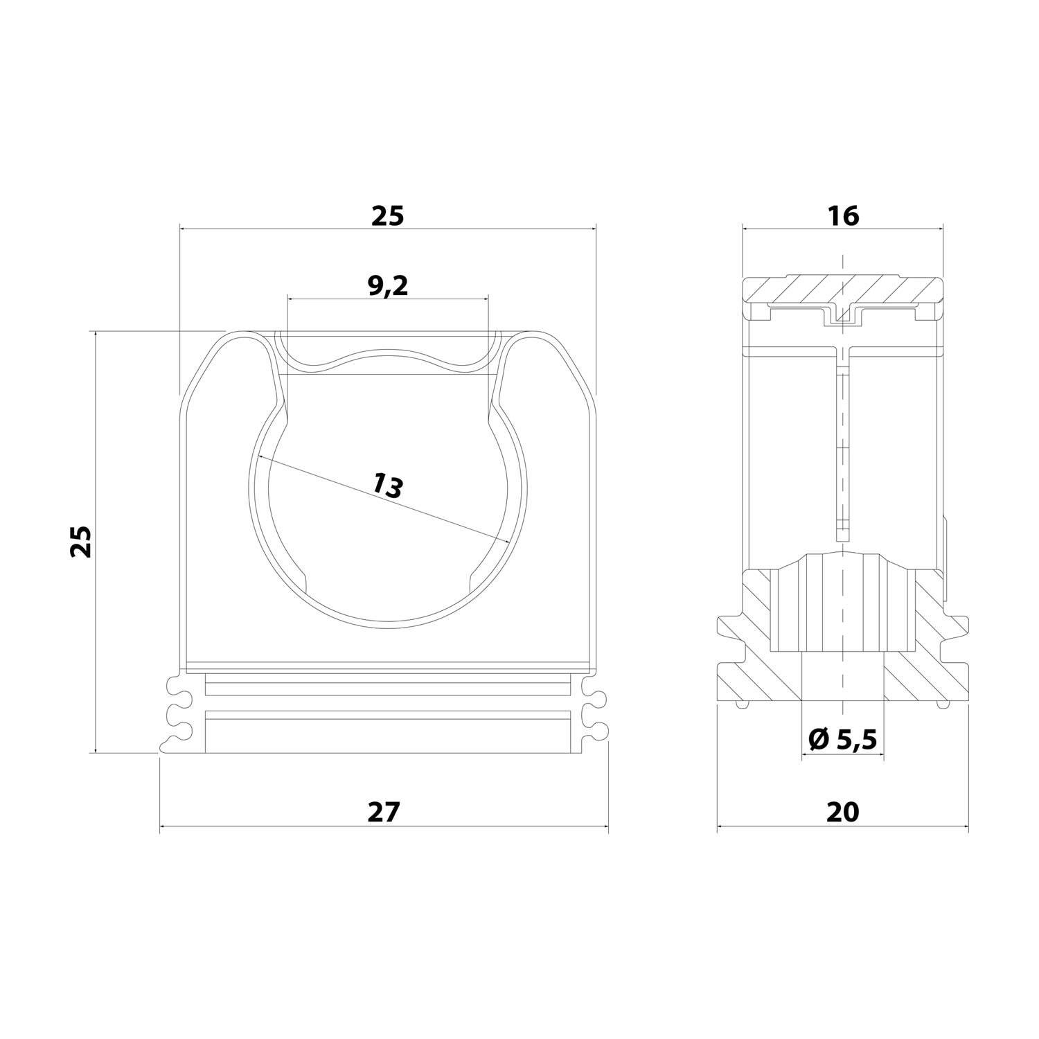 Technische Zeichnung eines Zylinderobjekts mit Abmessungen: 25x25x27, mit einem inneren Durchmesser von 9,2 und einer Beschriftung von 13 Einheiten, die eine Querschnittsansicht darstellt.