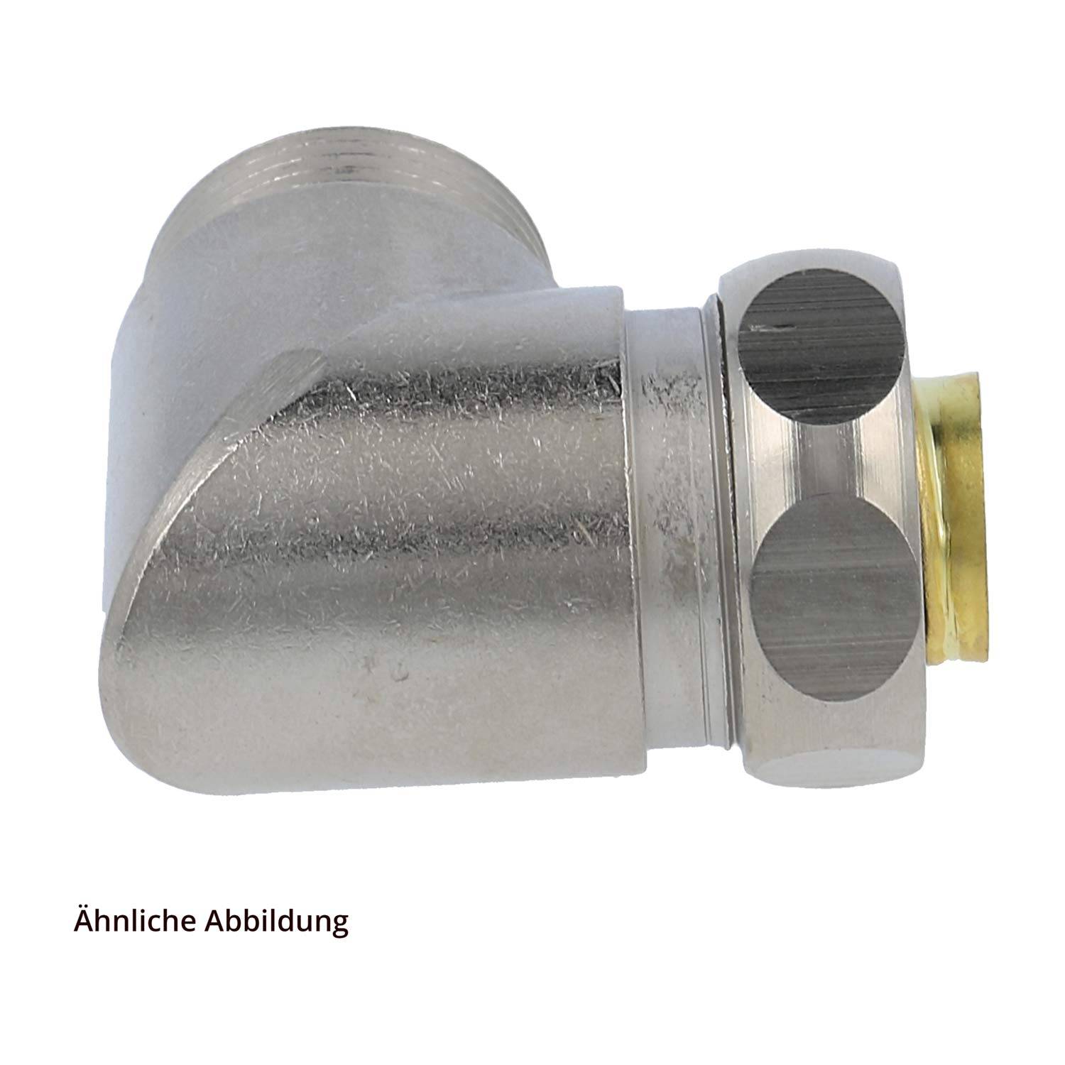 Ein silberfarbener Metallverbinder mit rechtem Winkel und Gewinde an beiden Enden, typischerweise für Rohre oder Schläuche verwendet.