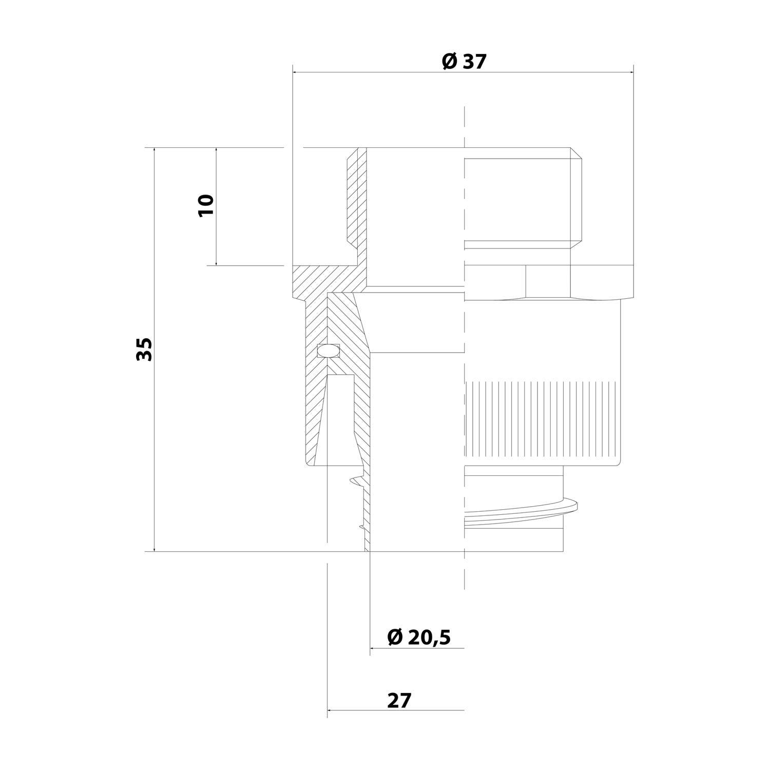 Technische Zeichnung einer zylindrischen mechanischen Komponente mit Abmessungen: Höhe 35, Breite 27, oberer Durchmesser 37, unterer Durchmesser 20,5.