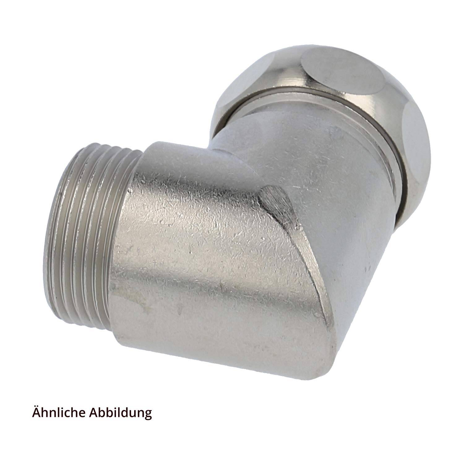 Metallrohr-Bogenverschraubung mit Gewinde an einem Ende und Mutternverbindung am anderen Ende, verwendet für Sanitäranwendungen.