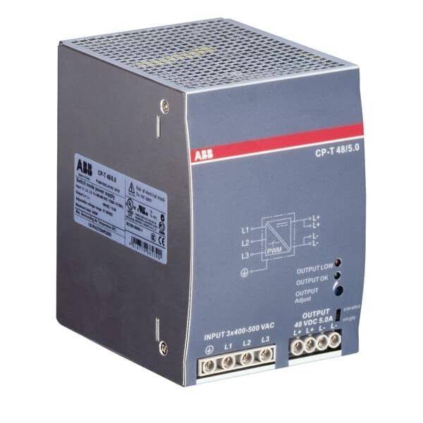 Industrielle Stromversorgungseinheit mit Beschriftung 'CP-T 48/5.0'. Enthält Eingabe- und Ausgabesspezifikationen. Markenbrandlogo ist in der oberen linken Ecke sichtbar.