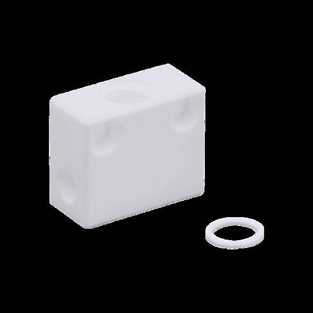 Ein weißer rechteckiger Block mit abgerundeten Kanten wird neben einen kleinen weißen Ring gelegt, beide auf einem einfarbigen schwarzen Hintergrund.