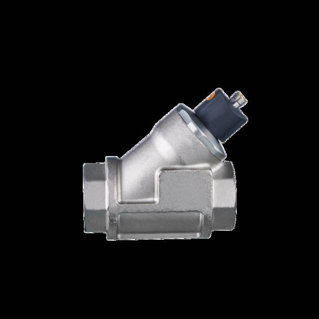 Industrielles Rückschlagventil mit einem Metallgehäuse und einer blauen Kunststoffkappe. Verwendet zur Steuerung der Fluidströmungsrichtung in Rohrleitungssystemen.