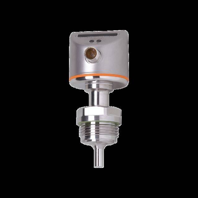 Ein metallischer Industriesensor mit Gewindeanschluss und LED-Anzeige, der zur Überwachung von Druck oder Durchfluss in Maschinensystemen verwendet wird.