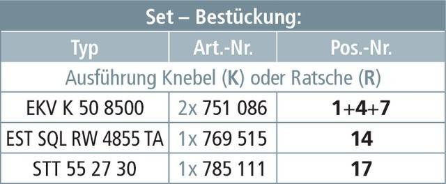 Tabelle zeigt Artikelnummern und Mengen: '1x 769-515' und '2x 751 086', gekennzeichnet unter 'Bestückung Knebel (K) oder Rat'.