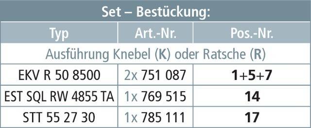 Tabelle mit Spalten 'Set – Bestückung' und 'Art.-Nr.' mit Artikeln wie 'Knebel' und 'Ratsche' mit folgenden Nummern: 751 087, 769-515, 785-111.