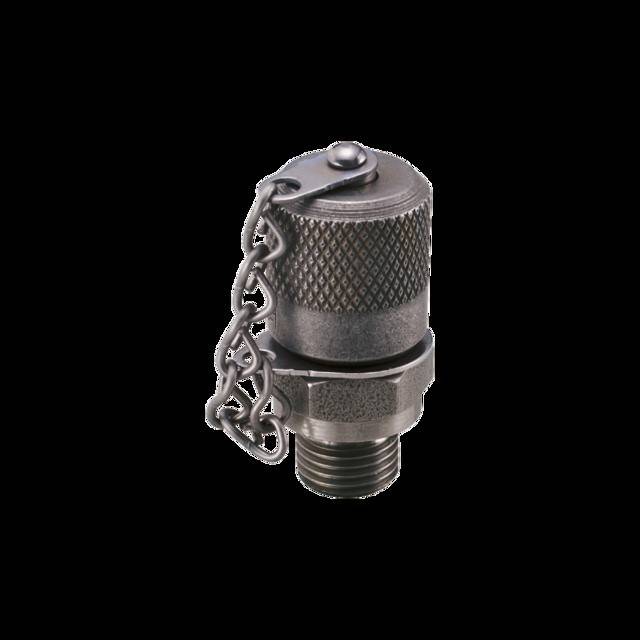 Metallischer Ventilstecker mit strukturierter Griffoberfläche und Kette.