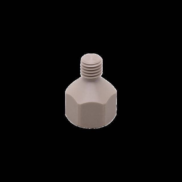 Eine kleine, runde, beige Plastikkappe mit gerillter Basis und gewindeter Oberseite, möglicherweise als Schutzabdeckung in mechanischen oder sanitären Kontexten verwendet.