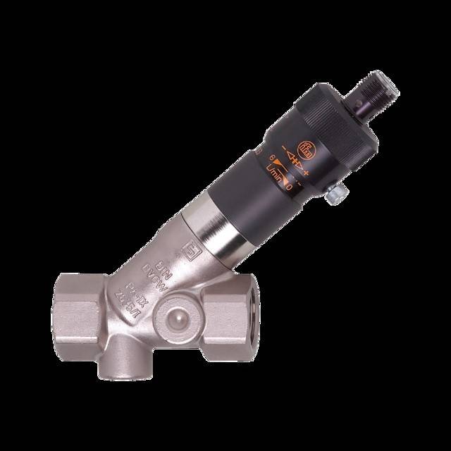 Ein metallischer Industrieventil mit gravierten Spezifikationen, der einen schwarzen Aktuator an der Oberseite und eine seitliche Öffnung zur Fluidsteuerung aufweist.