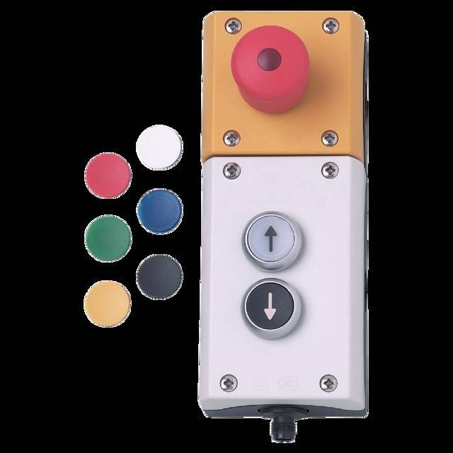 Notaus-Taste mit Auf- und Ab-Steuerungsschaltern auf einer Wandtafel. Sechs farbige Kreisanzeigen auf der linken Seite.