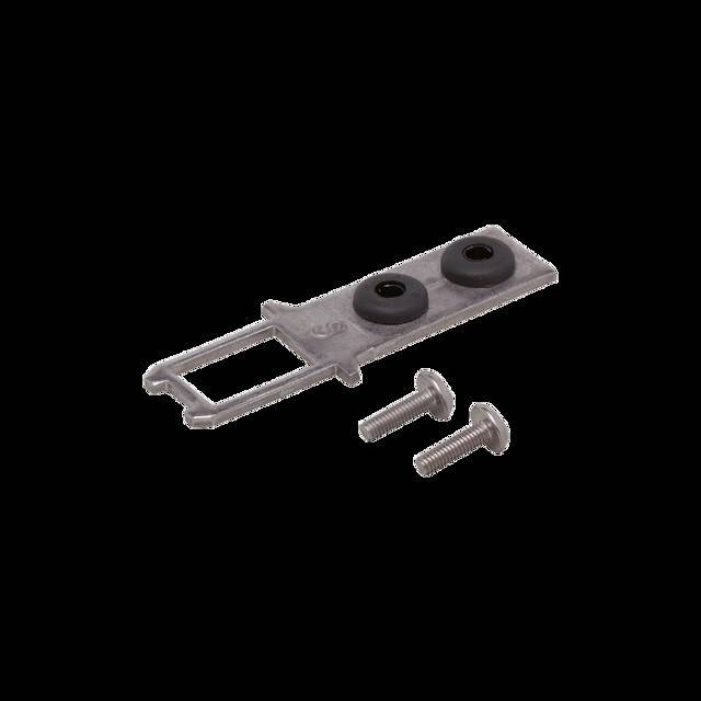 Metallhalterung mit angebrachten Schrauben, versehen mit zwei schwarzen Gummidichtungen.