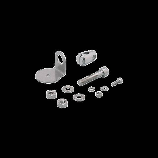 Eine Reihe von mechanischen Hardware-Komponenten auf schwarzem Hintergrund, einschließlich Halterungen, Schrauben, Muttern und Unterlegscheiben, ordentlich für den Zusammenbau angeordnet.