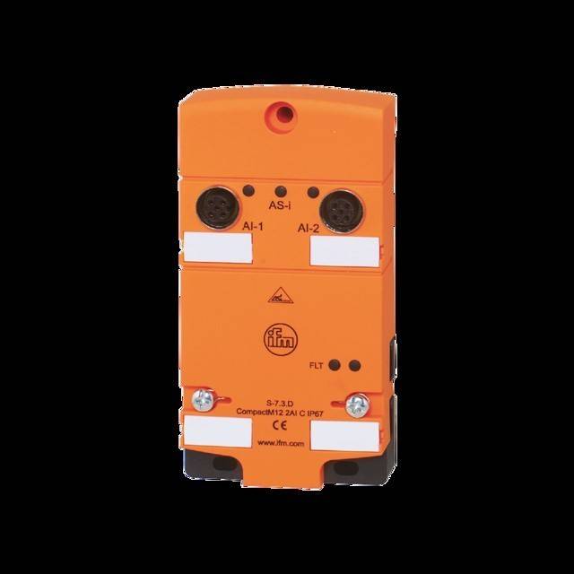 Ein orangefarbenes elektronisches Gerät mit zwei schwarzen Anschlüssen, beschriftet mit 'AI-1' und 'AI-2'. Es enthält ein Logo und eine Textbezeichnung am unteren Rand.