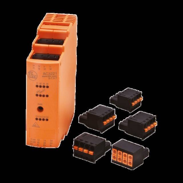 Orangefarbenes industrielles elektronisches Modul mit sechs schwarzen Anschlussblöcken, die in einem Halbkreis angeordnet sind, verwendet für die Integration von elektrischen Systemen.