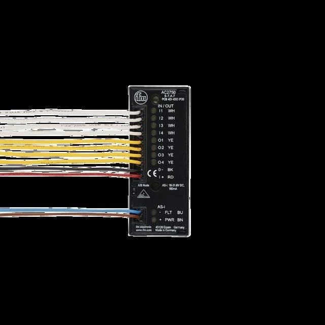 Elektronische Steuereinheit mit mehreren farbigen Kabeln, die an beschrifteten Anschlüssen angeschlossen sind und Strom- und Signalverbindungen anzeigen.