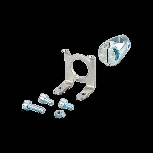 Ein Satz von Hardwareteilen einschließlich einer Halterung mit einem zentralen Loch, einem metallischen Zylinder-Gehäuse, Schrauben und Muttern auf einem schwarzen Hintergrund.