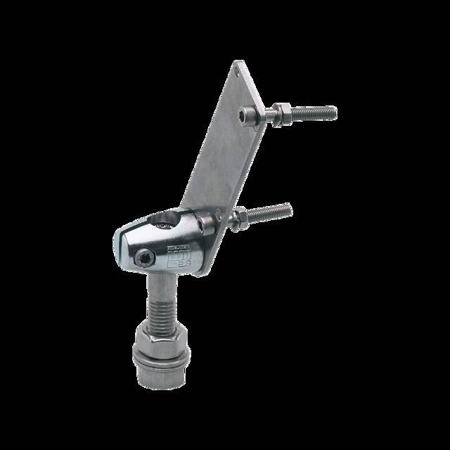 Ein metallischer L-förmiger Haltewinkel mit zwei Befestigungsbolzen und einer verstellbaren Schraube. Wird zur Befestigung oder Stabilisierung mechanischer Strukturen verwendet.
