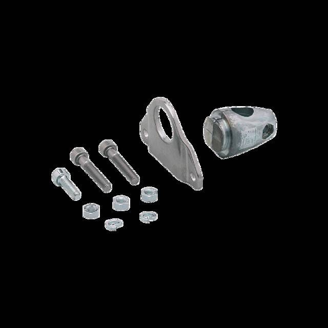 Ein Set bestehend aus vier Schrauben, vier Muttern, einer Metallhalterung und einem silbernen zylindrischen Schließmechanismus, der vor einem schlichten schwarzen Hintergrund platziert ist.