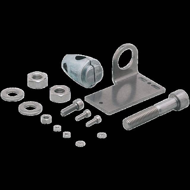 Metallbeschlagset mit Halterung, Muttern, Schrauben, Unterlegscheiben und einer Kabelschelle für Montage- oder Reparaturzwecke.