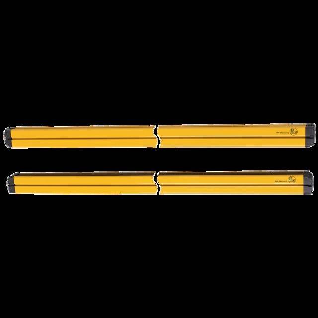 Zwei horizontale gelbe Maschinensicherheits-Lichtschranken auf einem schwarzen Hintergrund, parallel zueinander angeordnet.