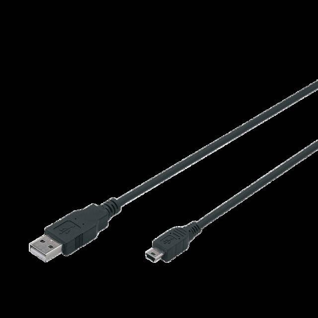 Ein schwarzes USB-Kabel mit einem Standard-USB-A-Anschluss auf der einen Seite und einem Micro-USB-Anschluss auf der anderen Seite, verwendet zum Laden oder Datentransfer.