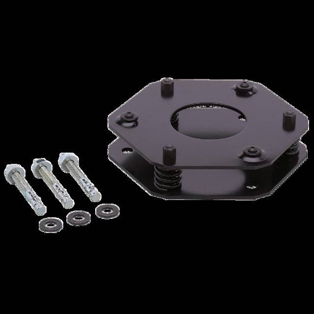 Eine schwarze Montagehalterung mit Federn, zusammen mit drei Schrauben und Unterlegscheiben, die zum Befestigen oder Stabilisieren von mechanischen oder Konstruktionskomponenten verwendet wird.