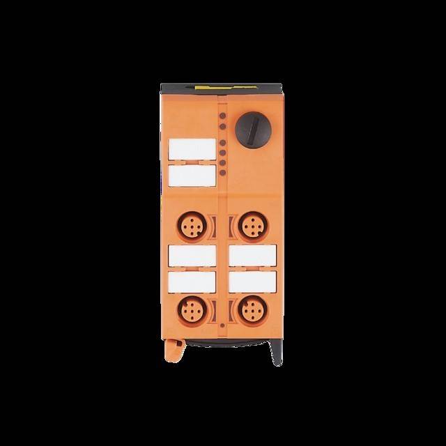 Ein orangefarbenes Industriegerät mit vier runden Anschlüssen und einem großen schwarzen Drehknopf oben, das für elektrische Anwendungen verwendet wird.